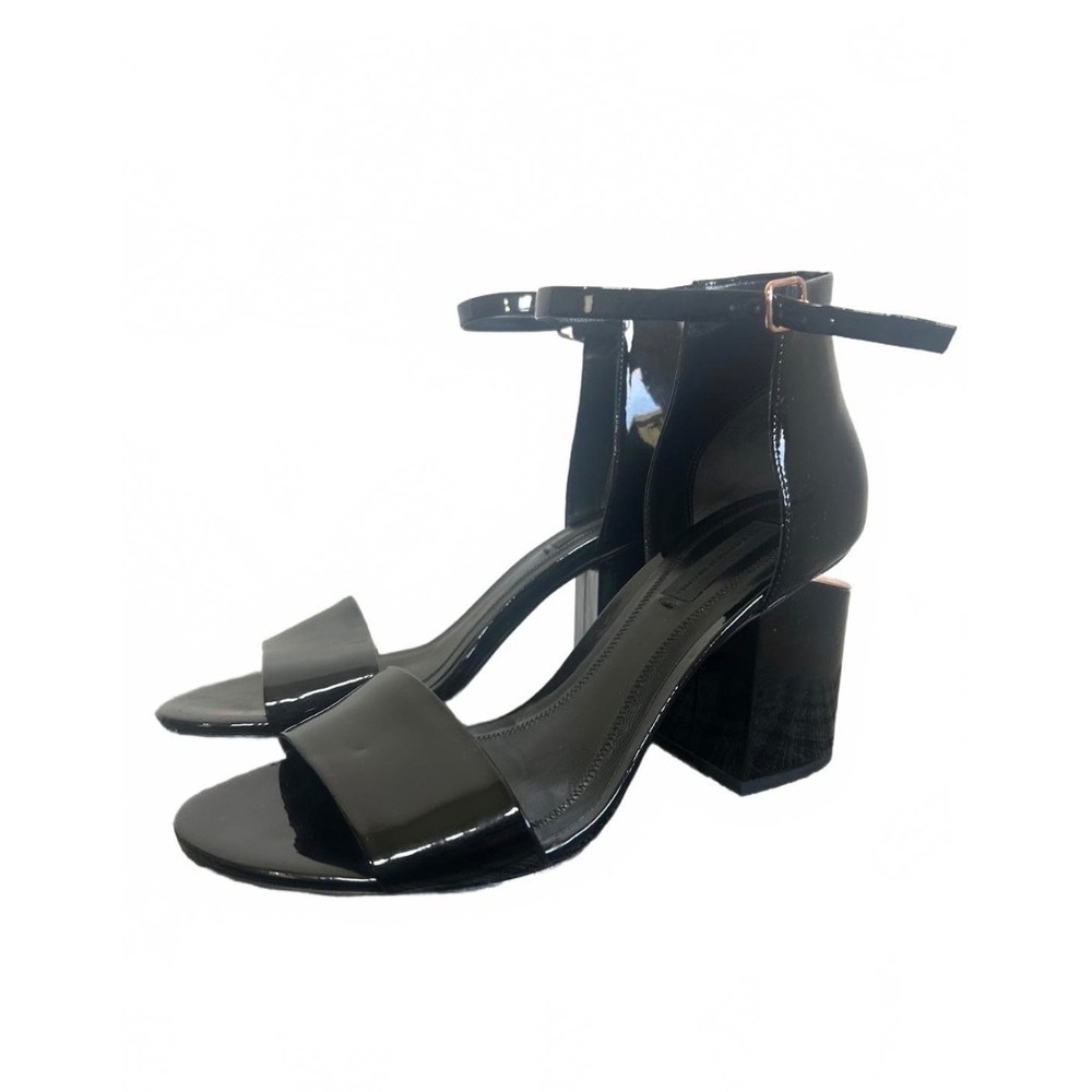 Alexander Wang Gabi Cutout Heel Sandals Size 37 Black Patent Rose Gold